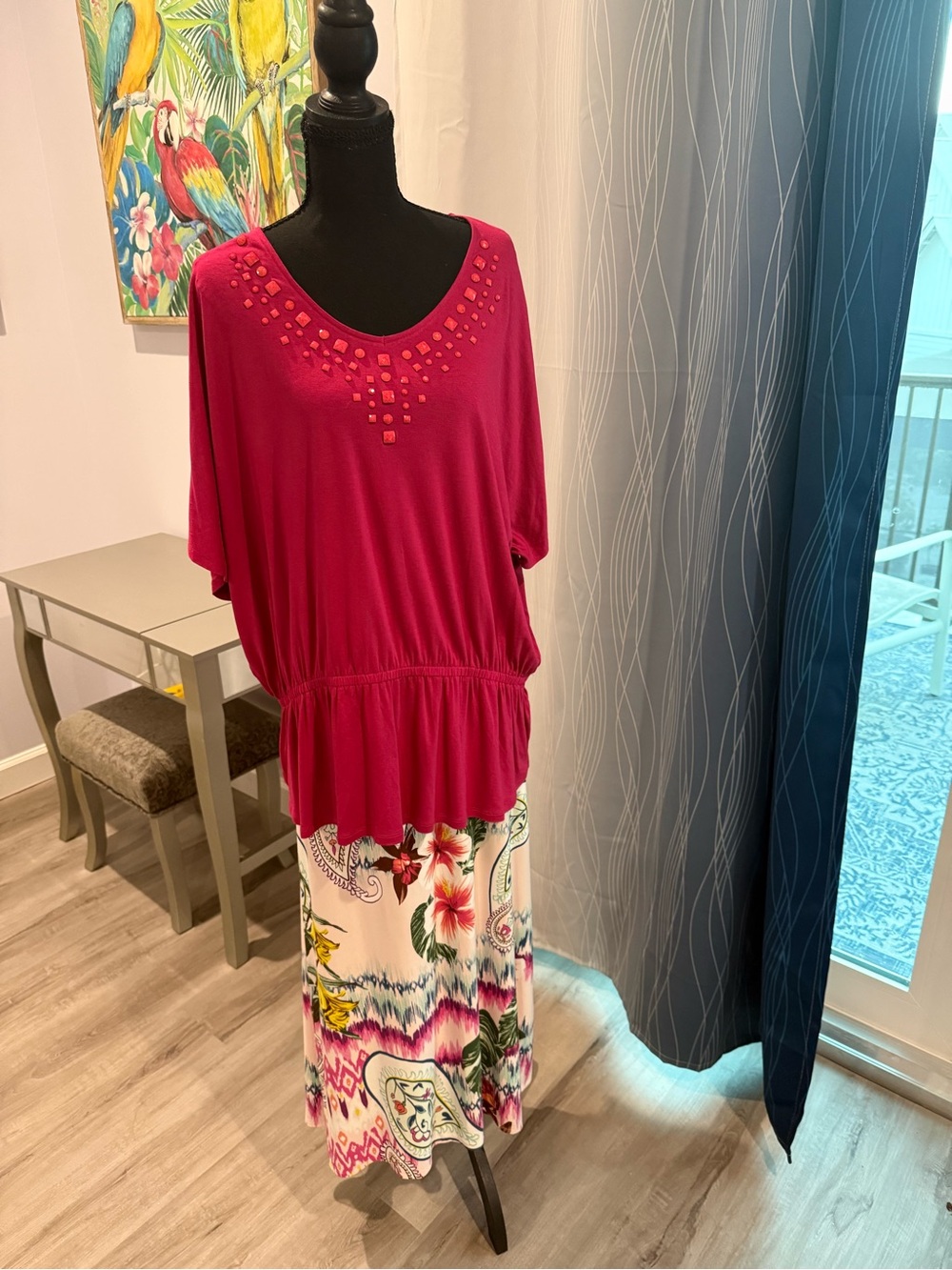Chico's Fuchsia Embellished Top with Floral Maxi Skirt